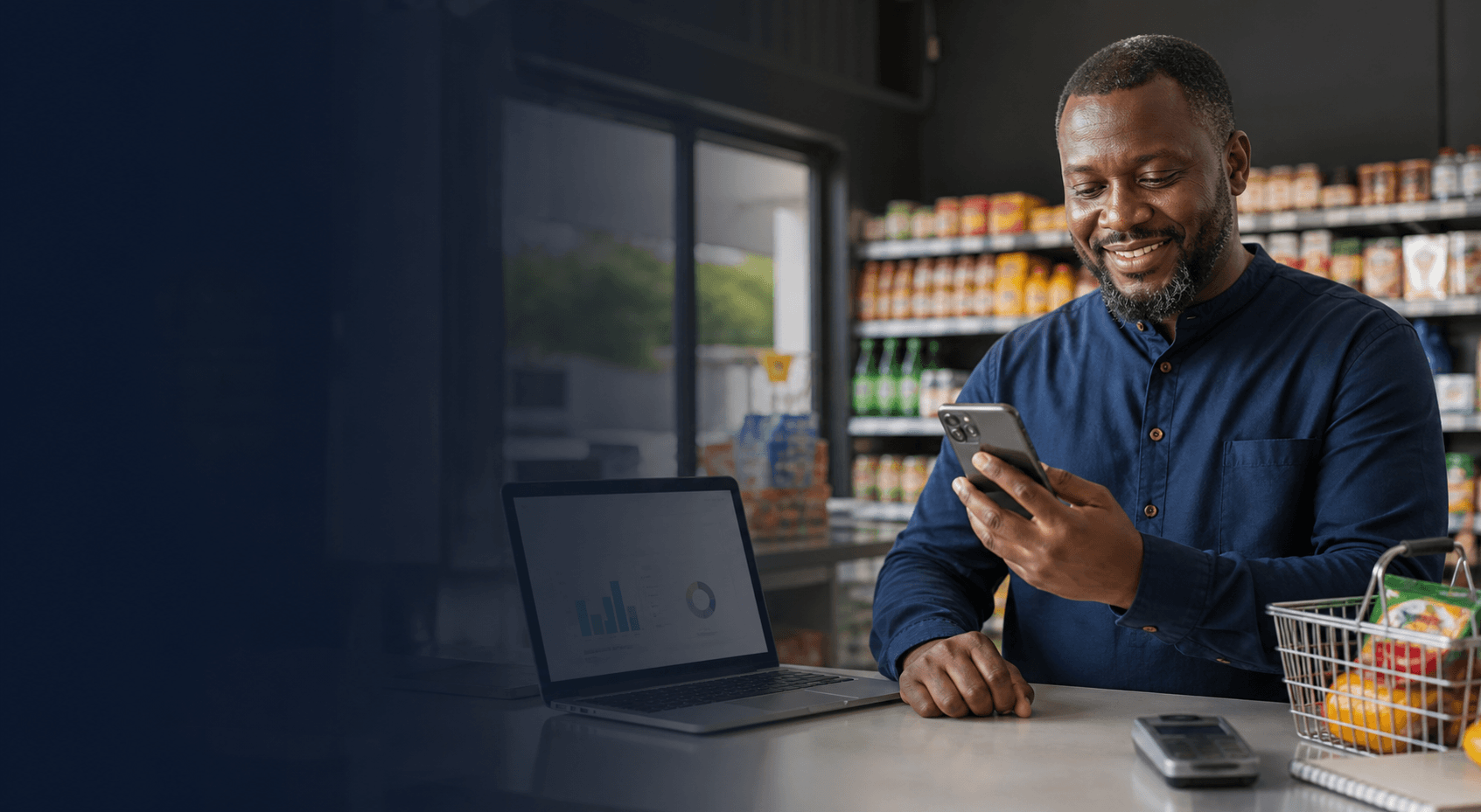 Supermarket owner managing customer orders and business collections